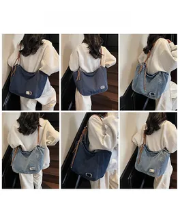 Detailed views of denim tote bag showing distressed details and oversized fit on models