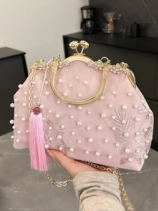 Pink vintage evening handbag with pearl embellishments and floral embroidery for women
