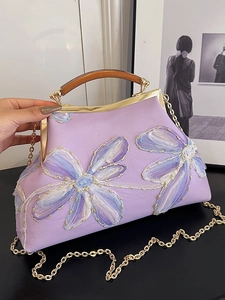 Vintage Floral Embroidery Kiss Lock Handbag Elegant Ethnic Shell Crossbody Bag With Resin Handle Metal Chain Strap For Women