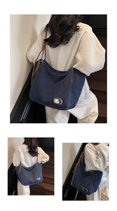 Detailed views of a dark denim hobo bag featuring brown woven straps and silver hardware