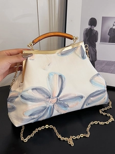 French vintage style floral embroidery bag with amber resin handle and gold chain strap