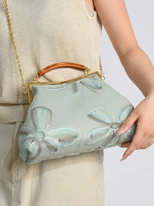 Elegant mint green lace embroidery handbag with resin handle and golden chain strap
