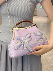 Lavender vintage embroidery handbag with 3D floral lace and wooden handle strap