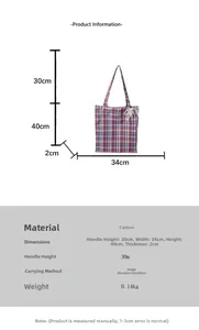 Detailed size chart for red and blue plaid canvas tote bag with specific dimensions