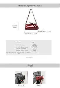 Detailed size specifications for red and black PU leather cylinder baguette chain bags