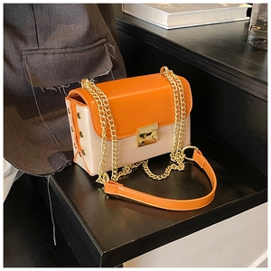 Detail of contrast color square bag featuring golden chain strap and swivel metal lock