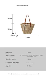 Detailed dimensions of the woven straw tote bag with lace bow and leather handles