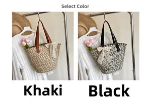 Detail of straw tote bags with lace bows and leather straps in khaki and black
