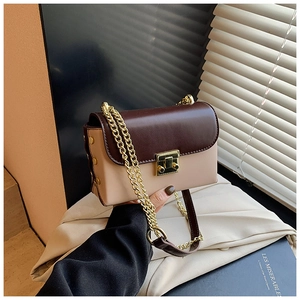 Detail of a beige and brown crossbody bag with gold stud accents and a metal chain strap