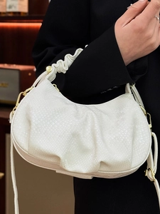 White pleated cloud handbag with fish scale texture and golden buckle for women