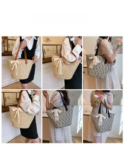 Detailed model views of a large woven tote bag with lace bow and leather straps