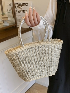 Borsa tote in paglia con manici tondi argento per vacanze casual in spiaggia al mare