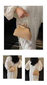 Detail of straw woven handbag featuring twin large pearl clasp and pearl chain strap