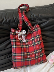 Vintage Plaid Canvas Tote Bag Women Large Capacity Shoulder Bag With Lace Artificial Pearl Bow Pendant Retro Style Shopping Bag