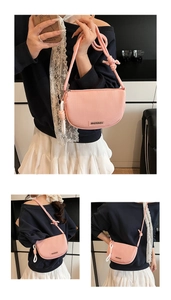Detail of pink mesh crossbody bag featuring woven rope strap and brand label