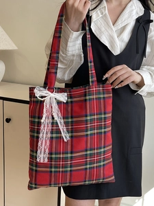 Retro red plaid canvas tote bag with lace bow and pearl details for women