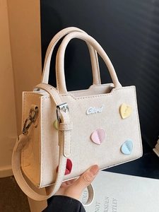 Sac Bandoulière Carré en Simili Cuir PU avec Appliqué Cœur Style Coréen pour Femme Sac à Main Tendance Couleur Contrastée Quotidien