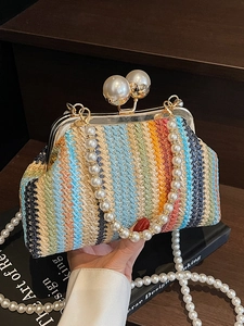 Women Straw Woven Evening Bag Artificial Pearl Clasp Crossbody Bag Bohemian Striped Handmade Shell Bag For Summer Vacation Party