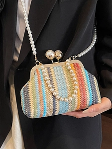 Chic multi-color striped straw woven evening bag with pearl clasp and chain strap
