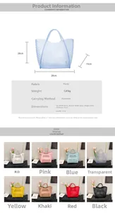 Detailed size specifications and 8-color comparison of the hollow plastic tote bag