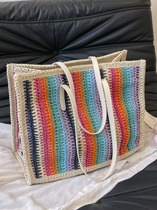 Women's Colorful Rainbow Stripes Woven Tote Bag Large Capacity Summer Beach Vacation Fashion Shoulder Bag With Leather Handles