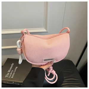 Close-up of pink mesh crossbody bag with MERREY logo and decorative rope strap