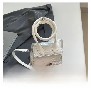 Nahaufnahme der silbernen Mini-Tasche mit Schlangenprägung, dickem Rundgriff und Lederriemen