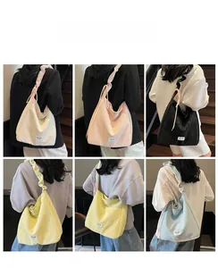 Collage showing colorful canvas tote bags with drawstring ruffled shoulder strap detail