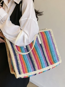 Large capacity woven tote bag with colorful rainbow stripes and off-white handles