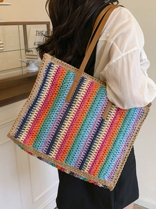 Colorful striped woven tote bag with brown leather handles for women summer fashion