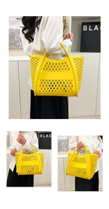 Close-up of bright yellow hollowed-out tote bag featuring unique diamond weave texture