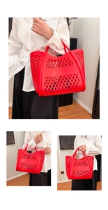 Detail of red hollow mesh tote bag showing waterproof plastic material and large capacity