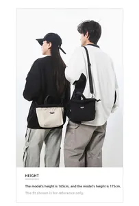 Crossbody nylon square bags shown on male and female models with adjustable straps