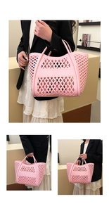 Pink hollow-out lattice pattern casual tote bag with integrated dual handles