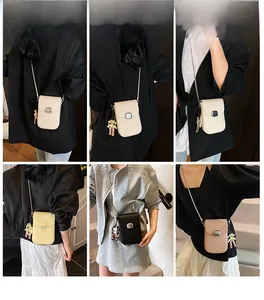 Litchi pattern crossbody phone bags for women with cute bear charms in four colors