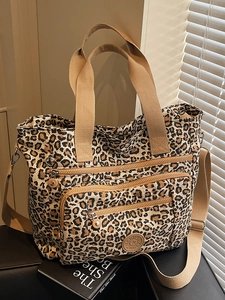 Leopard Print Canvas Tote Bag For Women Large Capacity Multi Pocket Casual Shoulder Bag Trendy Commuter Crossbody Handbag