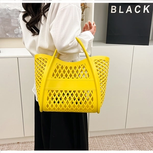 Detail view of vibrant yellow cutout tote bag with diamond mesh pattern and soft handle