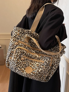 Stylish large leopard print canvas tote bag with multi-layer zipper and wide strap