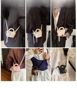 Detailed look at mini crossbody bags featuring delicate lace bows and pearl charms in various colors