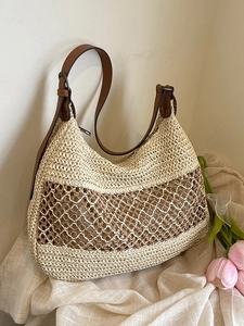 Women Hollow Out Woven Straw Shoulder Bag Large Capacity Summer Beach Vacation Tote Bag Minimalist Casual Hobo Handbag