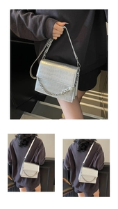 Macro shot of silver crocodile texture flap bag with fashion bags embossed text and pearl chain