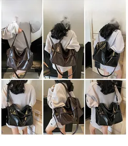 Detailed views of a large capacity faux leather tote bag worn by a model in casual settings