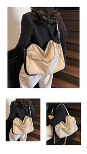 Detail of soft cream tote bag showing large capacity and smooth leather texture for commuting