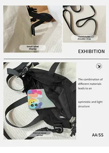 Detail view of adjustable shoulder strap, internal zipper pocket, and logo on nylon bag