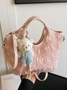 Sac Seau Plissé Style Coréen Doux pour Femmes Sac à Main en Cuir PU Bandoulière Avec Pendentif Ours Sac à Épaule Chic