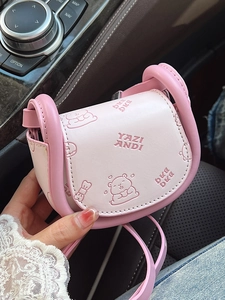 Sac Bandoulière Mini Selle en Couleur Contrastée pour Femmes Mignon Dessin Animé Ours Imprimé Sac à Épaule en Cuir PU