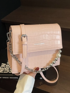 Women Crocodile Pattern PU Leather Crossbody Bag Small Square Bag With Artificial Pearl Chain Decoration Fashion Handbag For Daily