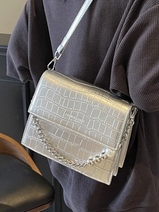Silver crocodile texture handbag with metal chain and pearl charm detail for women