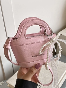 Korean Ins Style Mini PU Leather Bucket Crossbody Bag For Women Fashion Small Niche Handbag With Artificial Pearl Lace Bow Pendant