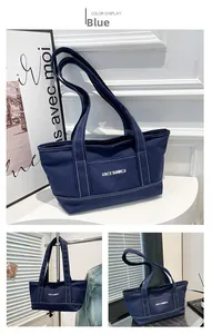 Detail of blue canvas tote bag with white contrast stitching and Lovey Summer print